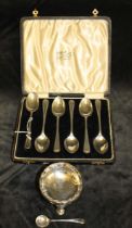Set of six bright cut sterling silver teaspoons engraved with the letter 'K', cauldron salt in
