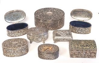 A selection of silver plated / metal ornate and velvet lined jewellery boxes  Vary in size and