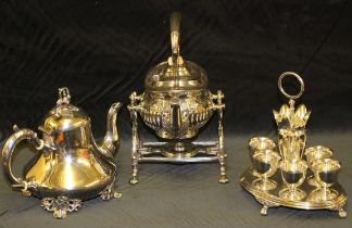 A Victorian plated partly fluted tea kettle with bail handle on a cast stand with burner, 30cm high,