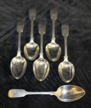 A matched set of six Victorian silver fiddle pattern dessert spoons each with crest and initials,