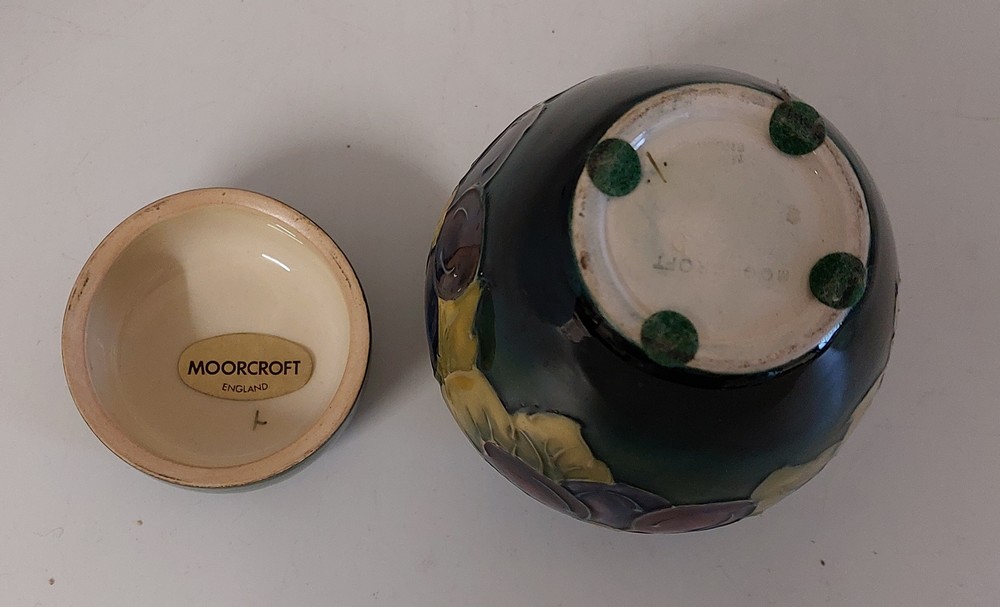 4 x Moorcroft green ground items , various Moorcroft back stamps. Impressed decorated in the - Image 8 of 8