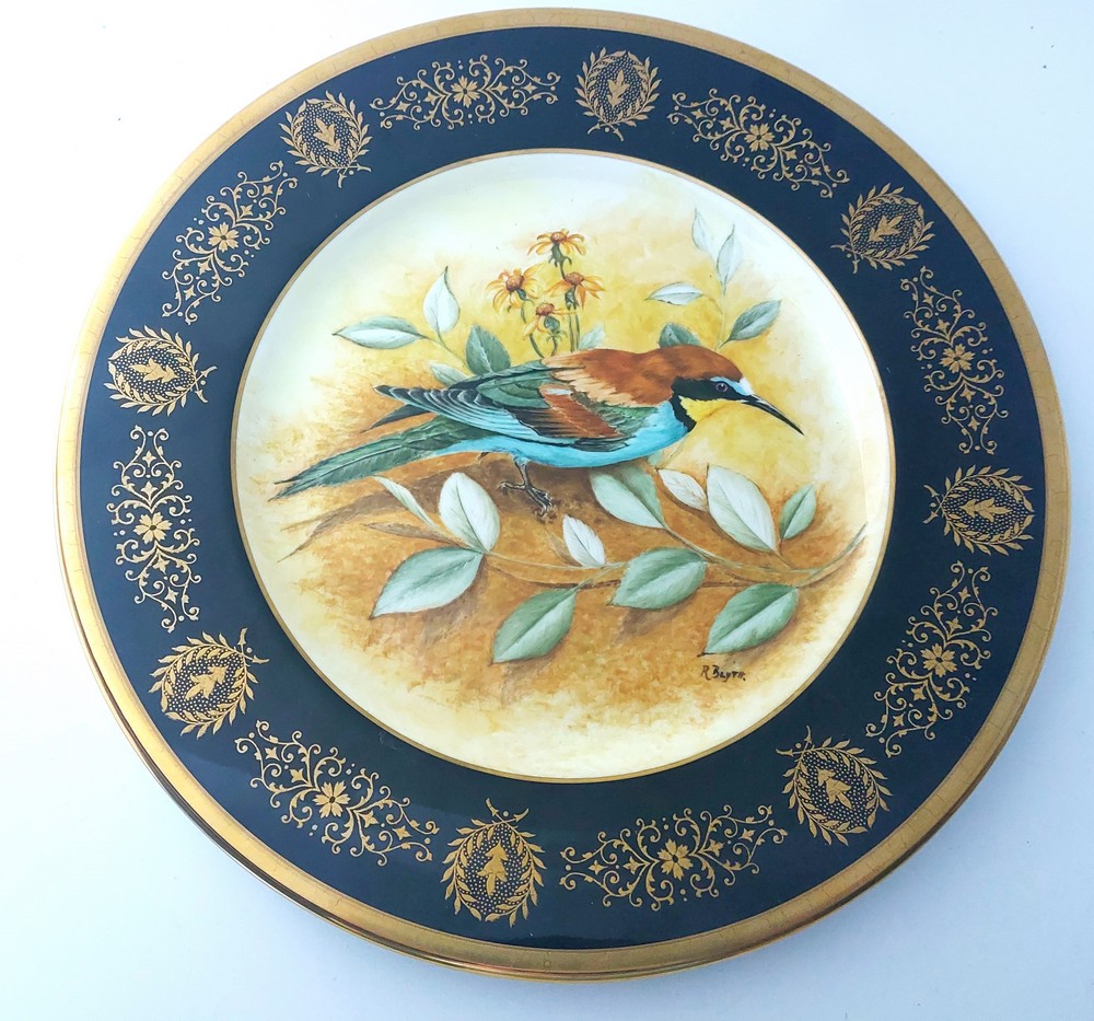 A Coalport artist's sample plate painted with a bee-eater by R. Blyth within a black and gilt - Image 2 of 6