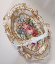 An English, mid 19th c hand decorated with flowers in pinks reds and blues  bread basket with ornate