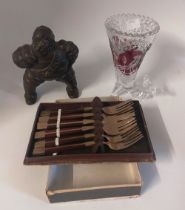 A boxed plated fish fork set, and a ruby and clear glass cornucopia vase , decorated with birds