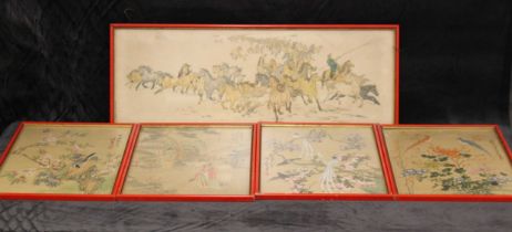 A pair of Chinese silk pictures, 20th century, painted with birds in flowering branches and with