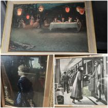 Collection of three framed prints. Lantern lit dinner, 39cm x 59cm, wistful lady, (embossed) 47 x 37