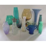 A large collection of glass vases 20th C Different colours shapes and designs, bohemian style