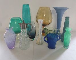 A large collection of glass vases 20th C Different colours shapes and designs, bohemian style