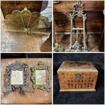 A Chinese style box, a fan fire screen, a brass easel (some damage) and a pair of metal frames (