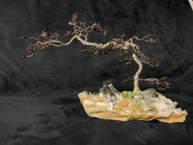 Bonsai tree artwork/sculpture Crystal (amethyst)  metal and quartz base (base aprox 12 inches)