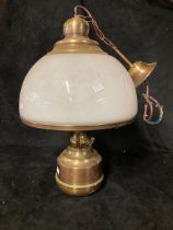 Large, very heavy brass oil lamp style with Glass shade electric light fitting NOT TESTED