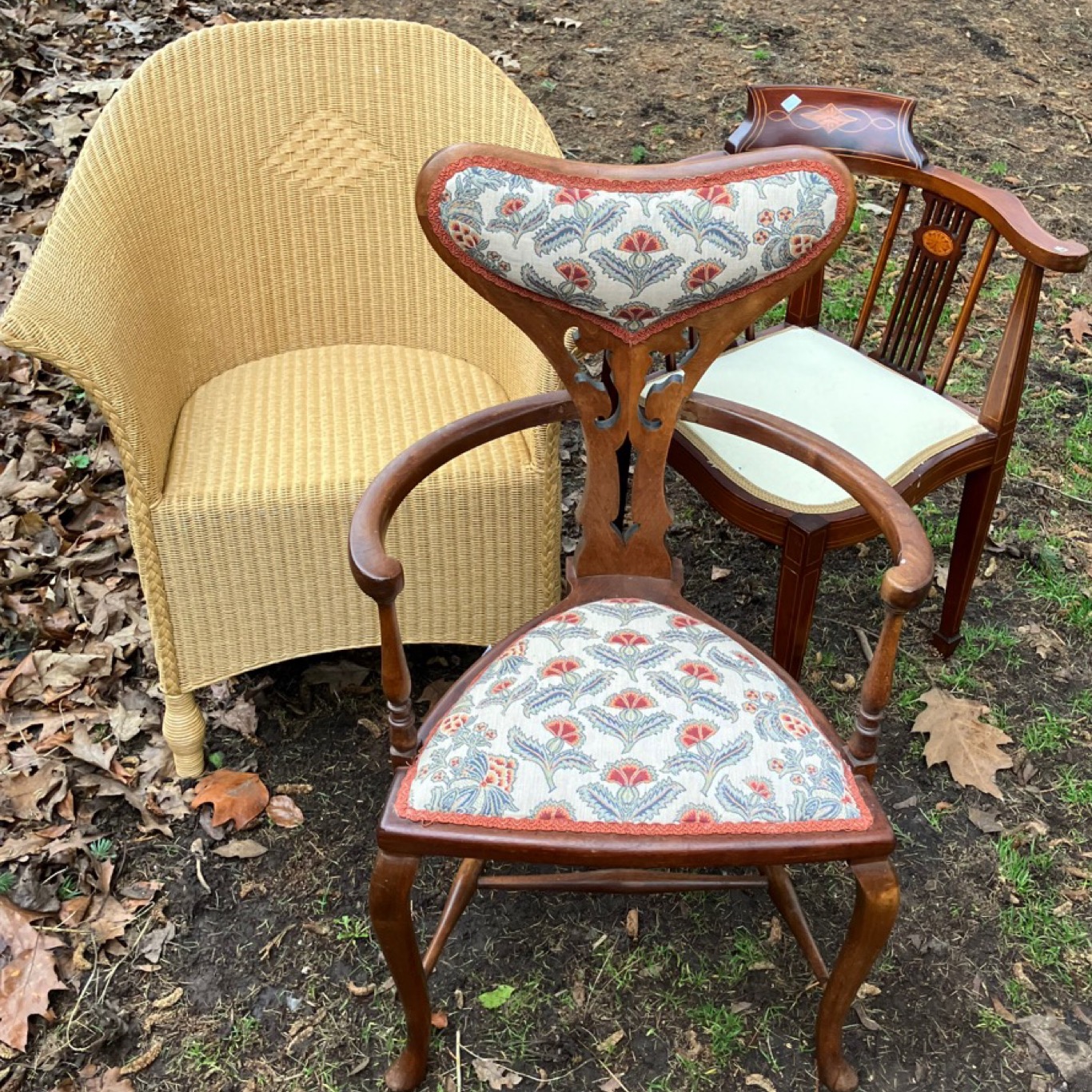 Collection of three individual chairs including a William Lusty Lloyd loom arm chair, an inlaid