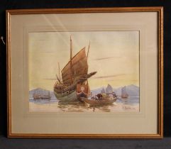 M. Radik Moored Eastern sailing boats and a sampan, signed lower right, watercolour, 33cm x 45cm