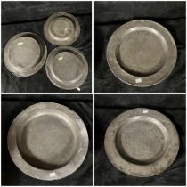 3 large antique Pewter chargers, largest aprox 18" across,