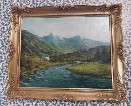 John Clare River landscape with farmstead, snow capped mountains beyond, signed lower right, oil