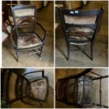 A Victorian low open armchair with pierced shaped back splat, upholstered back and seat panel,