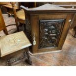 A heavily carved oak corner unit plus small lightly carved oak stool with storage under.