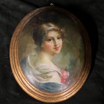 A curved painting of a 19th century lady 32 cm x 27 cm by D James.