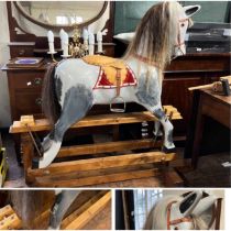 Rocking horse  Home made rocking horse inscribed with makers name on base, finished with real