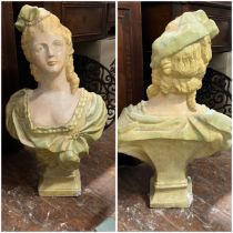 Painted bust of a lady (unknown)  approximately 70 cm high partially glazed. chip to top of hat