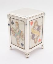 A Victorian silver playing card holder, rectangular with glazed sides on four bracket feet, the