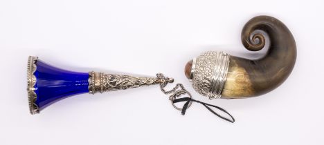 A Victorian Scottish ram's horn snuff mull, with ornate white metal domed cover set with agate