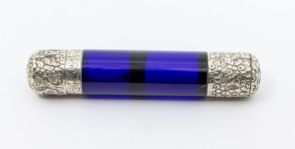 A late 19th Century white metal mounted plain cobalt blue glass double ended scent bottle, the