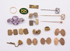 A collection of items to include three pairs of early 20th century 9ct gold link cufflinks, all oval