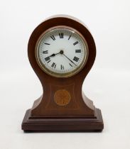 An Art Deco style inlaid mahogany mantle clock, balloon shaped on plinth base, white enamel dial