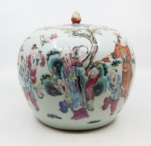 A Chinese famille verte globular ginger jar and cover, the body painted with mother holding child