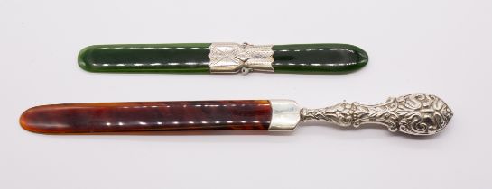 An early 20th Century nephrite jade letter opener with white metal bright cut central section,
