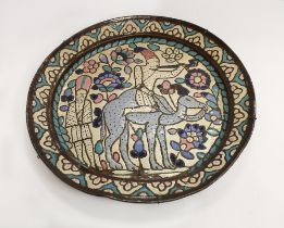 A large 20th century enamelled copper wall-hanging charger with figural and carved design - most
