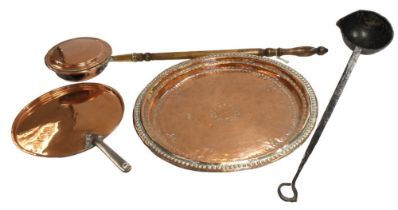 A large late 19th century twin-handled copper warming/mixing pan, a large saucepan with handle, a