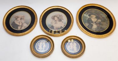 Three 19th Century oval colour stipple engravings depicting 18th Century ladies in hats, in verre