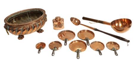 A collection of 19th century and other copperware, including: a large oval planter with gadrooned