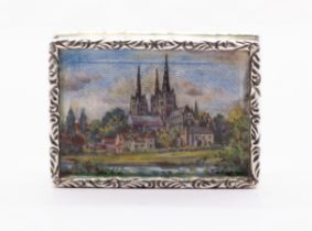 An Elizabeth II silver and enamel snuff box, the cover painted with Lichfield Cathedral, river and