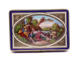 An 18th Century style silver-gilt and enamel snuff box, the central oval lozenge painted with a