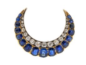 A Victorian sapphire and diamond gold crescent brooch, comprising an outer row of graduated oval