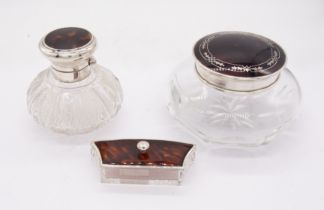 A George V silver and tortoiseshell mounted hob nail cut glass scent bottle and stopper, plain