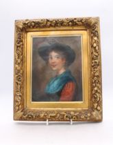 Continental School (19th Century) Portrait of a Lady wearing black hat, blue shawl oil on panel,