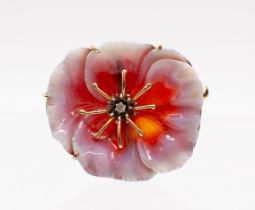 A contemporary carved agate and diamond 9ct gold (untested) brooch, in the form of a pansy head, the