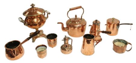 A collection of copperwares to include: a samovar, large kettle, chocolate pot, saucepan, Joseph