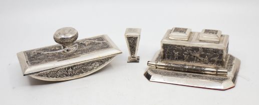 A matching 20th century Eastern white metal writing set consisting of double inkwell, blotter,