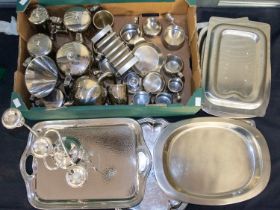 A collection of stainless steel tea, coffee and kitchen wares to include serving trays.