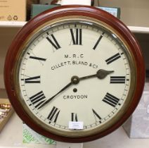 A late 19th Century mahogany round wall clock, fusee movement, painted dial and Roman numerals, M.