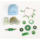 A collection of Chinese jadeite type jewellery to include carved scarab, dragon, approx 50mm,