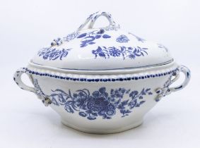 A Worcester Crescent Period blue and white tureen, in a floral and fruit design. Further Details: