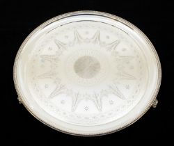 A large circular 19th century Elkington & Co silver plated three footed salver, having engraved