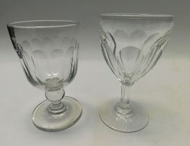 Two 19th century glass facet cut large rummers, one bucket bowl with knopped stem, the other ogee