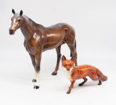 A large Beswick stallion , chip to foot along a Beswick fox, AF.